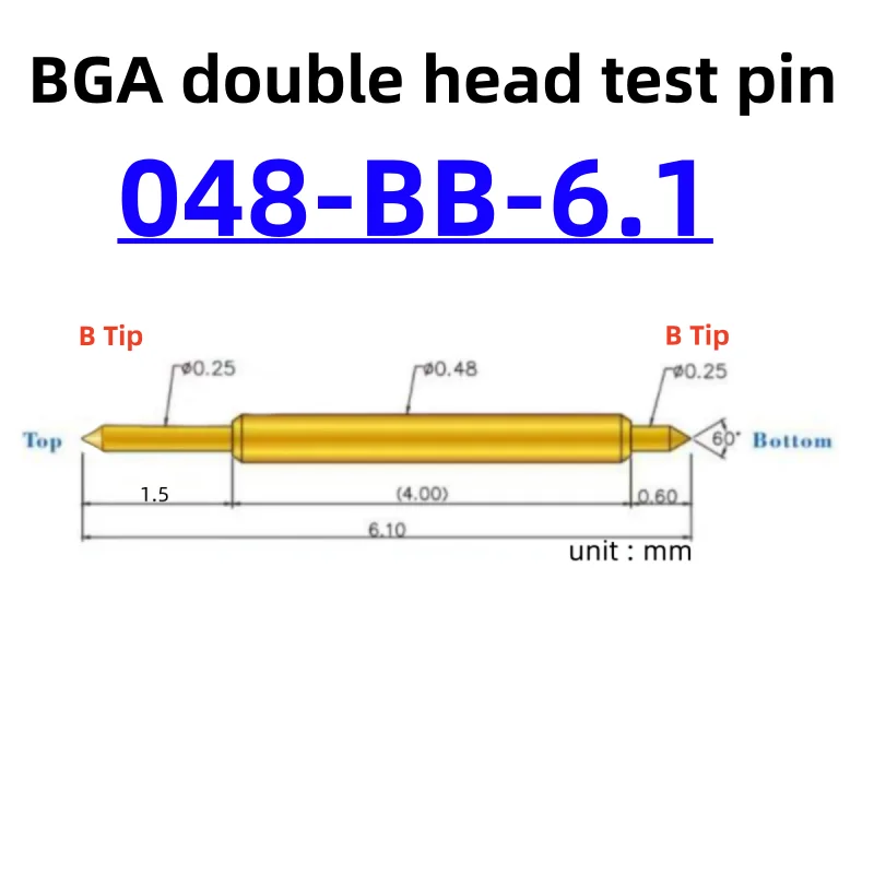 100pcs Double-ended Test Needle Test Probe BGA Semiconductor Probe 048-BB-6.1L Telescopic Spring Test Pin 6.1 Pogo Pin