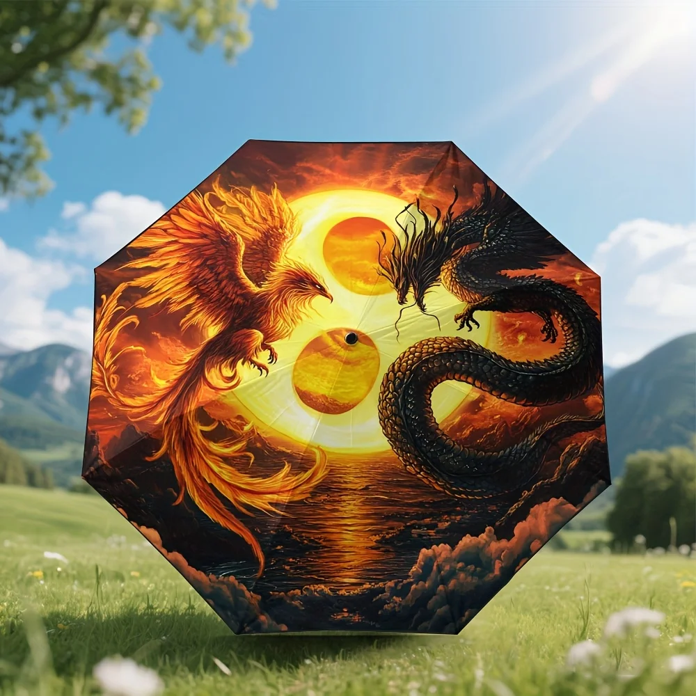 

Автоматический зонт с принтом дракона и феникса, 1 шт. — компактный складной дизайн, легкий зонт от дождя.