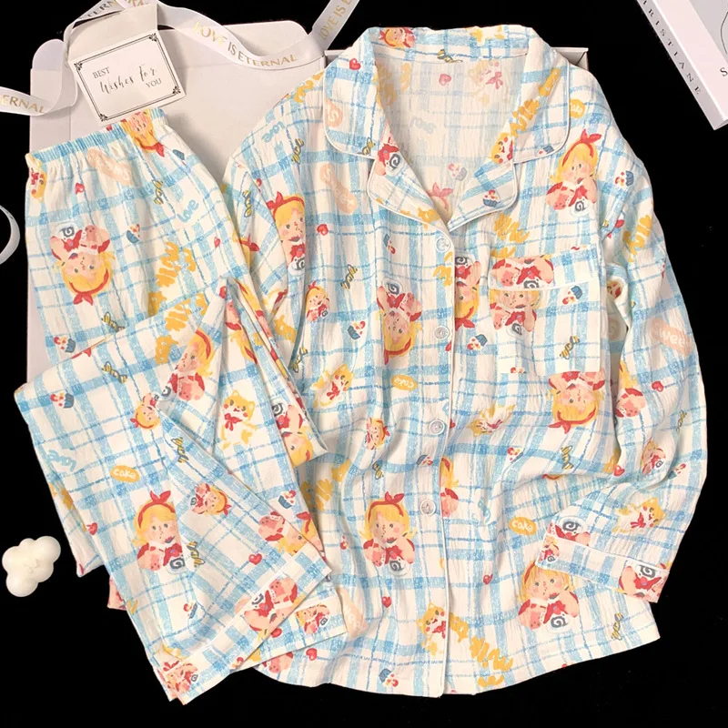 Korean version of the cartoon spring and fall pajamas homewear suit female cloud cotton students thin section pajamas homewear