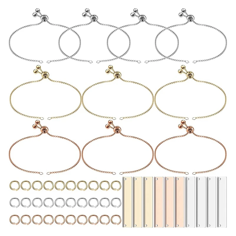 Engravable Bracelets DIY Kit Including 10 Rectangle Blank Tag Pendants 10 Adjustable Slider Bracelets 30 Jump Rings