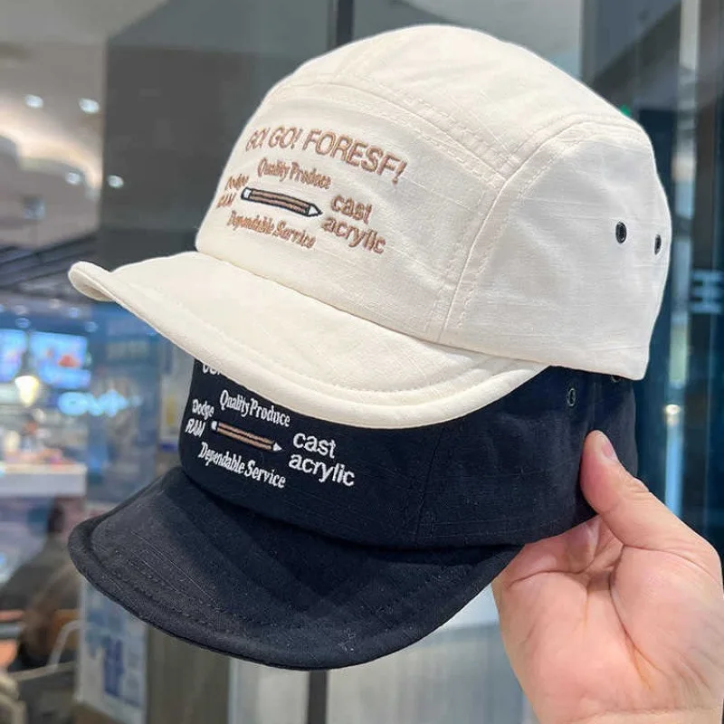

Japanese Style Flat Brim Bucket Hat Fashion Embroidery Adjustable Strap Unisex for Summer Travel Outdoor Daily