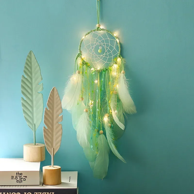 Handmade Dream Catcher with Green Feathers Night Light Car Wall Hanging Decoration Home Decor Lighting  Gift Room Decor