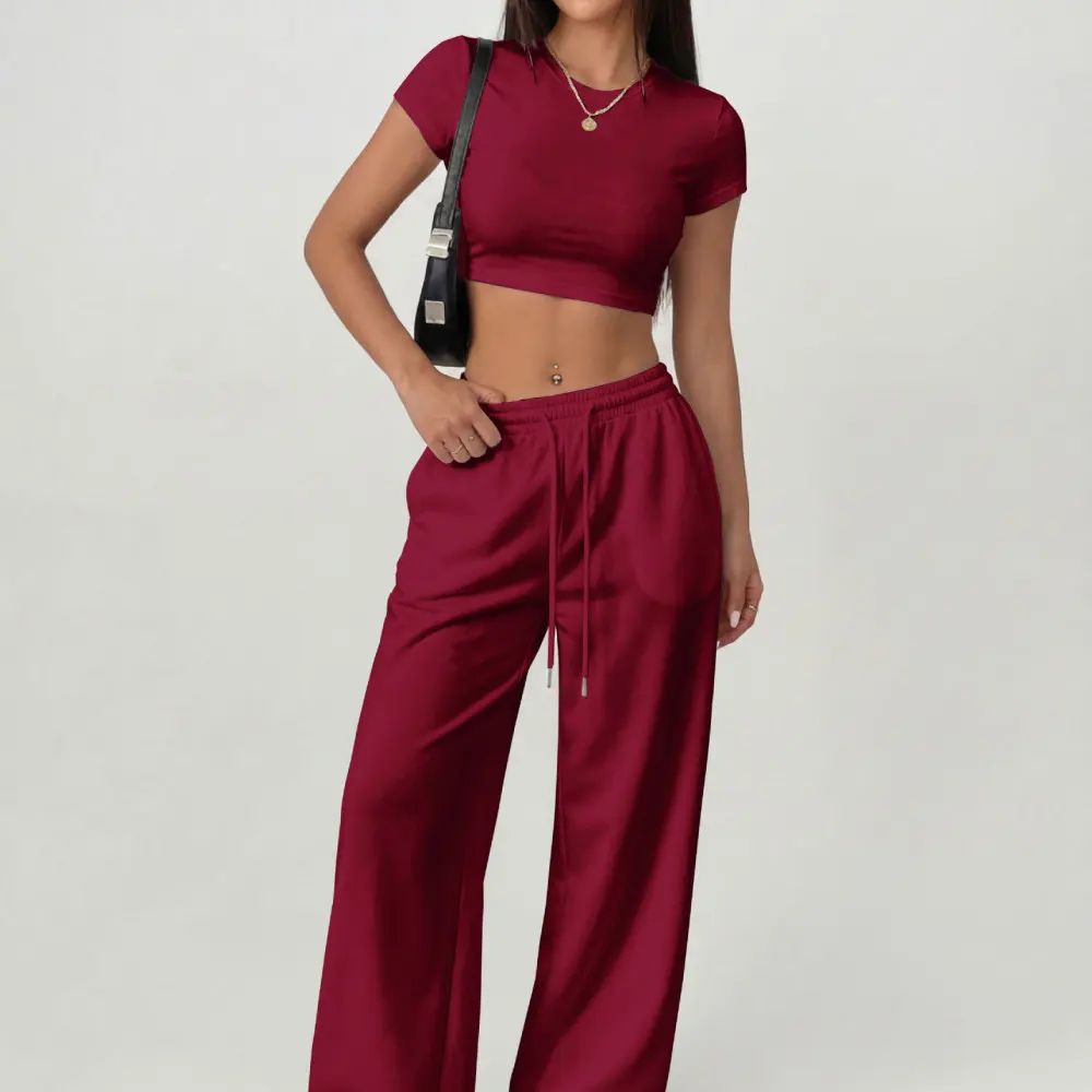 Sexy Summer Womens Outfits Slim Fit Short Sleeve T Shirt Long Pants Casual Sporty Style Aesthetic Clothing Solid Color Set view 3