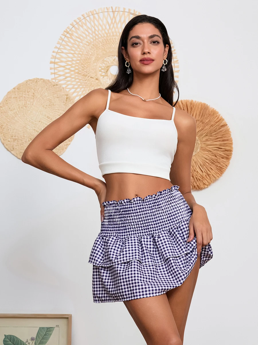 Minifaldas a capas para mujer, faldas informales con estampado a cuadros, falda elástica de cintura alta para playa, vacaciones, Club, ropa de calle de verano