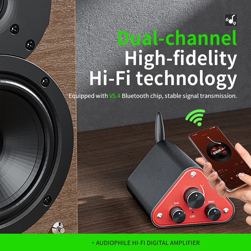 مضخم صوت صغير BT5.4/USB/AUX 3 طرق الكمبيوتر الصوت أمبير 50 واط + 50 واط HiFi 2.0 ستيريو مضخم رقمي للمنزل التلفزيون الهاتف استوديو