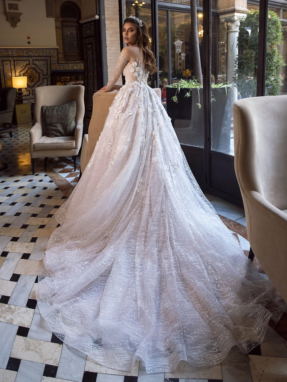 Vestido De Novia De manga larga con cuello barco moderno, brillante, flor 3D, elegante, línea A