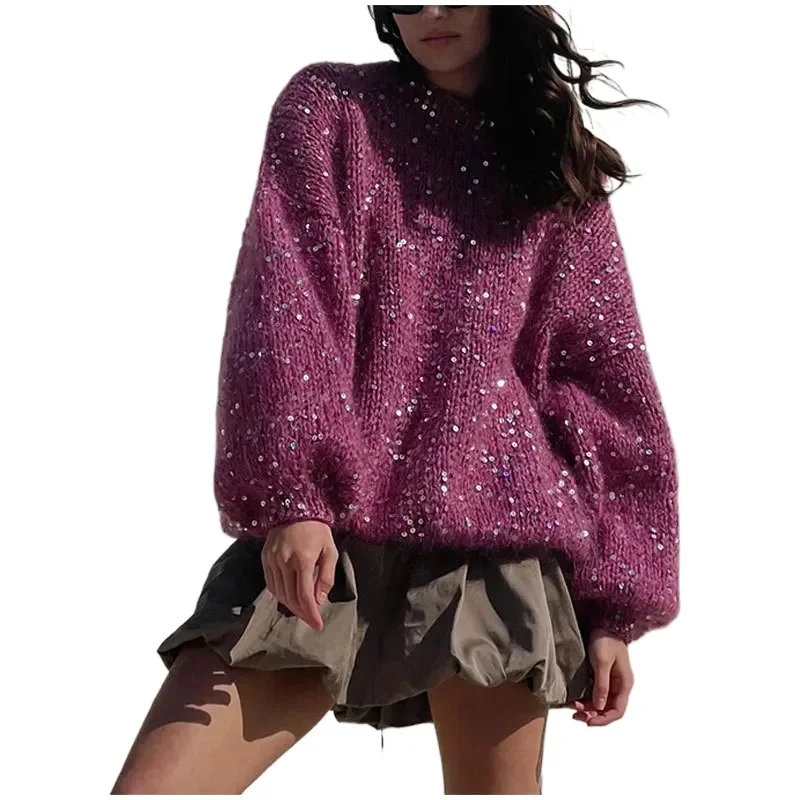 Women's New Loose O-neck Lantern Long Sleeve Glitter Knitted Pullover Sweater Streetwear Fashion Sequined Mohair Sweater