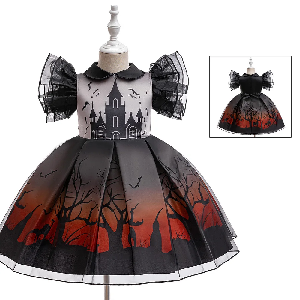 

Halloween Baby Girl Costume Cosplay Party Performance Dress Castle Bat Print Princess Dress For Kid Evening Dress Children Cloth