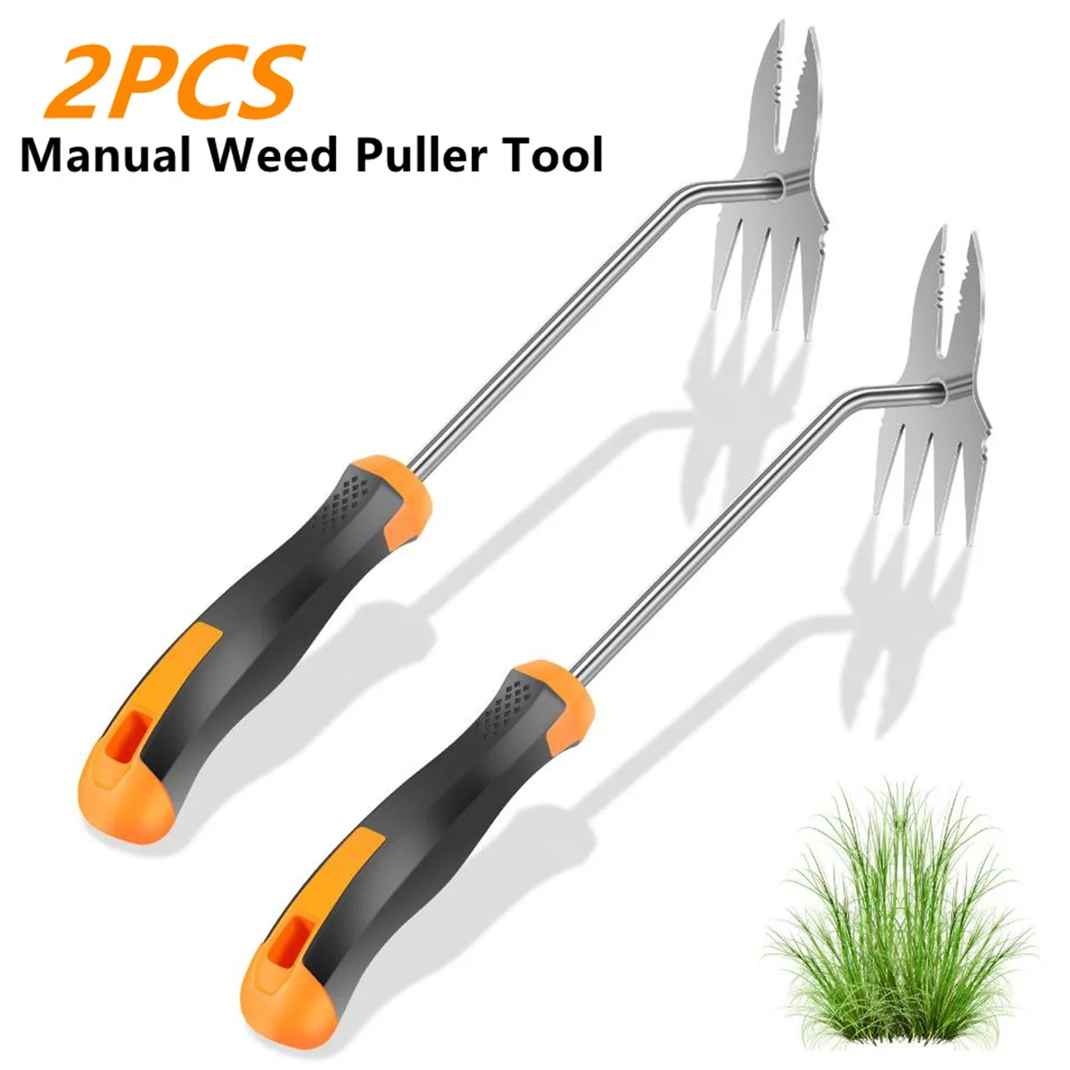 2PCS Manual Weed Puller Tool 2-in-1 Dual Head Garden Weeder 4 Teeth Rake Stainless Steel Long Rubber Handle Root Remover Grass