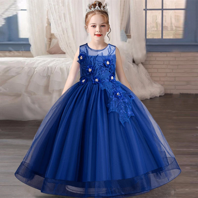 New mesh flower girl bubble sleeve wedding banquet girl formal evening dress Christmas birthday party girl princess dress