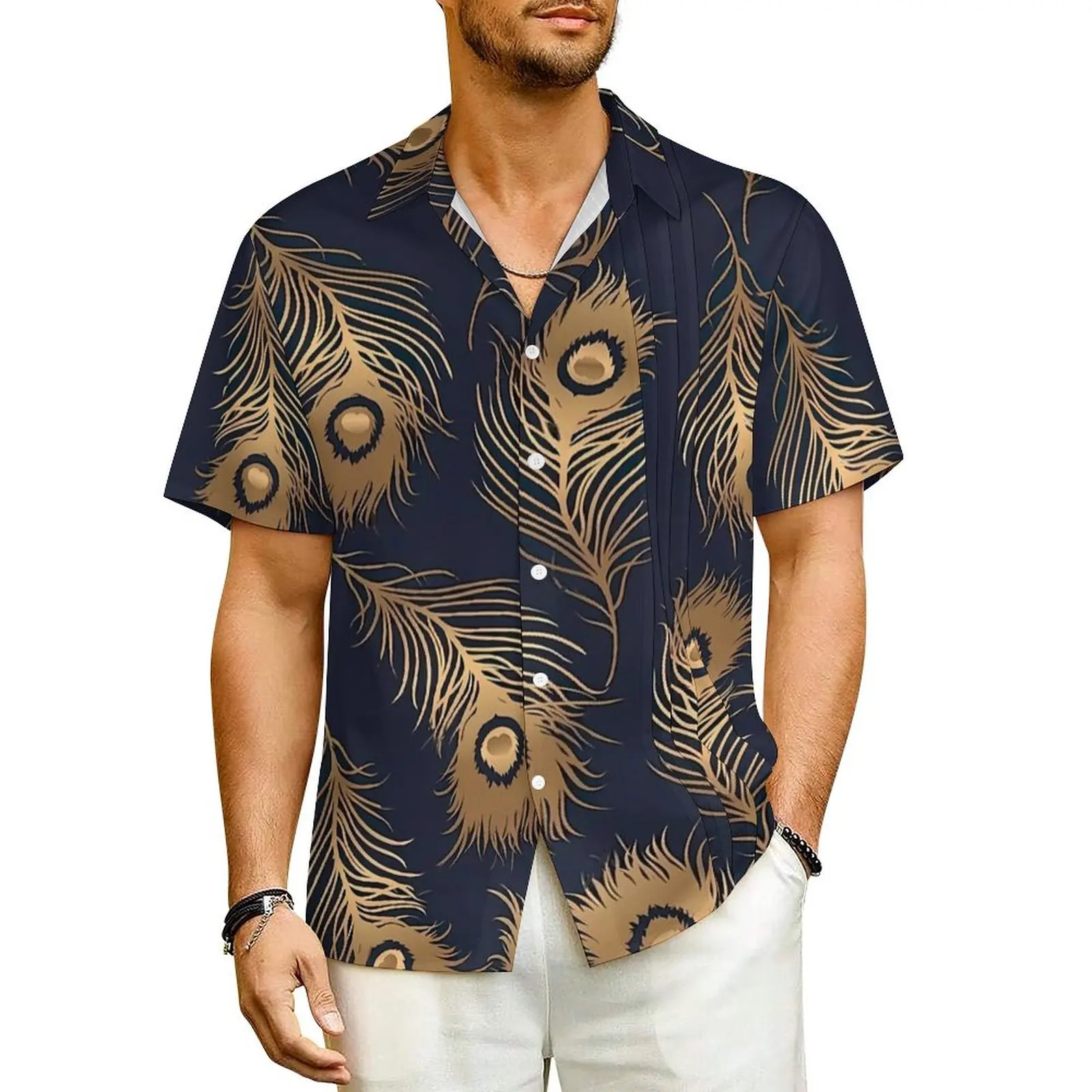 Peacock Summer Shirt For Men Beach Golden Animal Feathers Casual Shirts Short Sleeve Streetwear Classic Plus Size 4XL Blouses