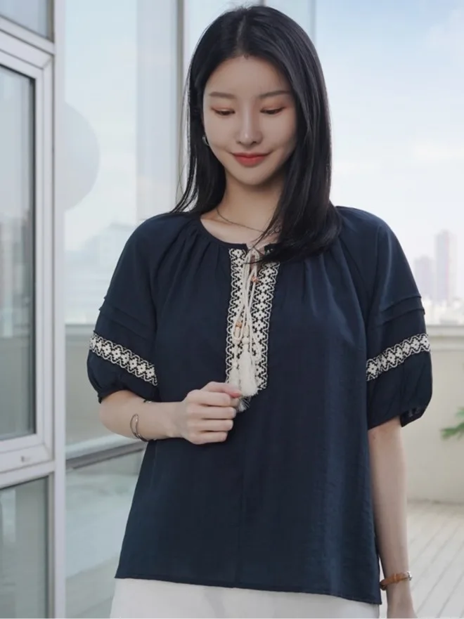 

Ele Embroidered Fringed ort Sve irt Women's New Summer Loose Slimming Versatile Top Bubble Sve round Ne Pure ...