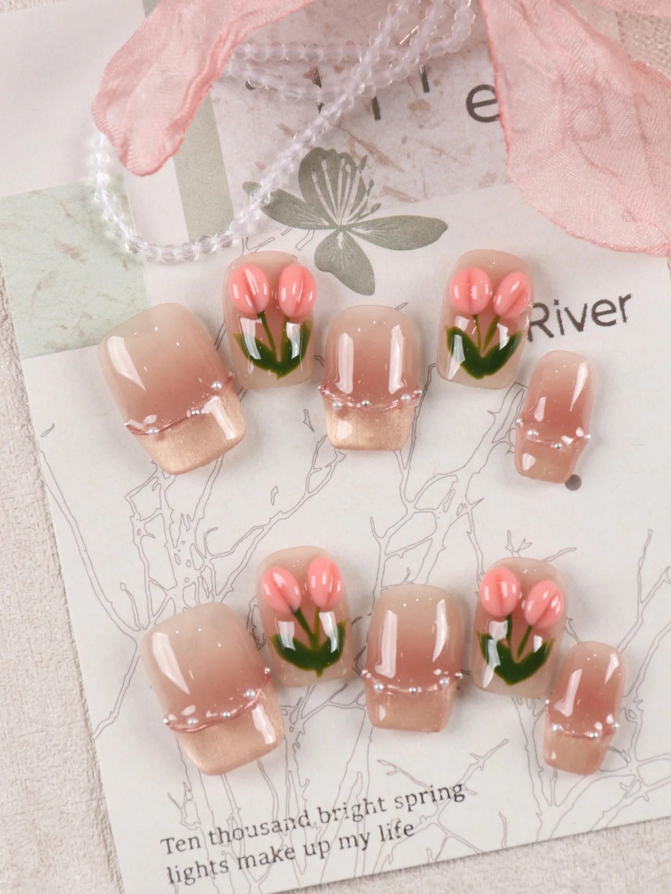 Nail Adhesive Tab - 10 Stück Aufklebenägel Kurze Rosa Tulpen-Aufklebenägel