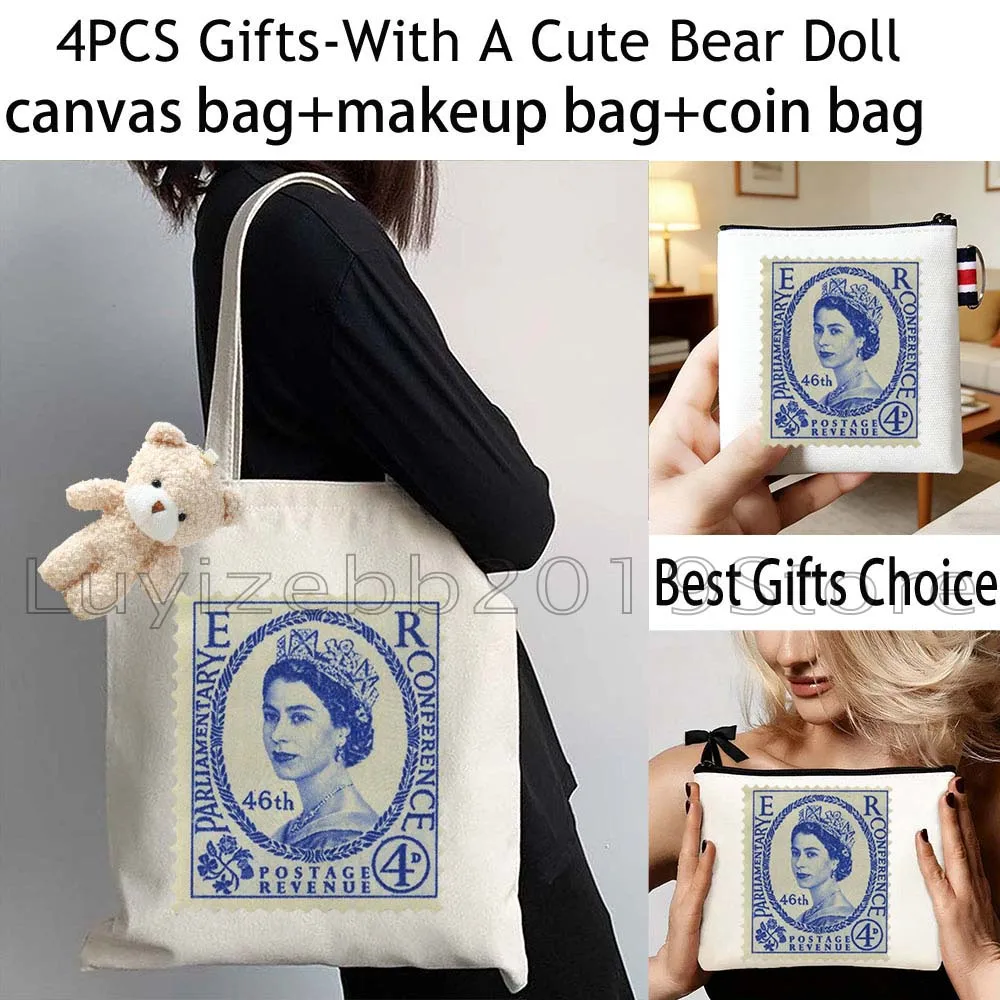 4PCS Aesthetic Movie Botanical Floral Stamp Collection Gifts Canvas Tote Bag Handbag,Cosmetic Makeup Bag,Coin Purse Wallet Pouch
