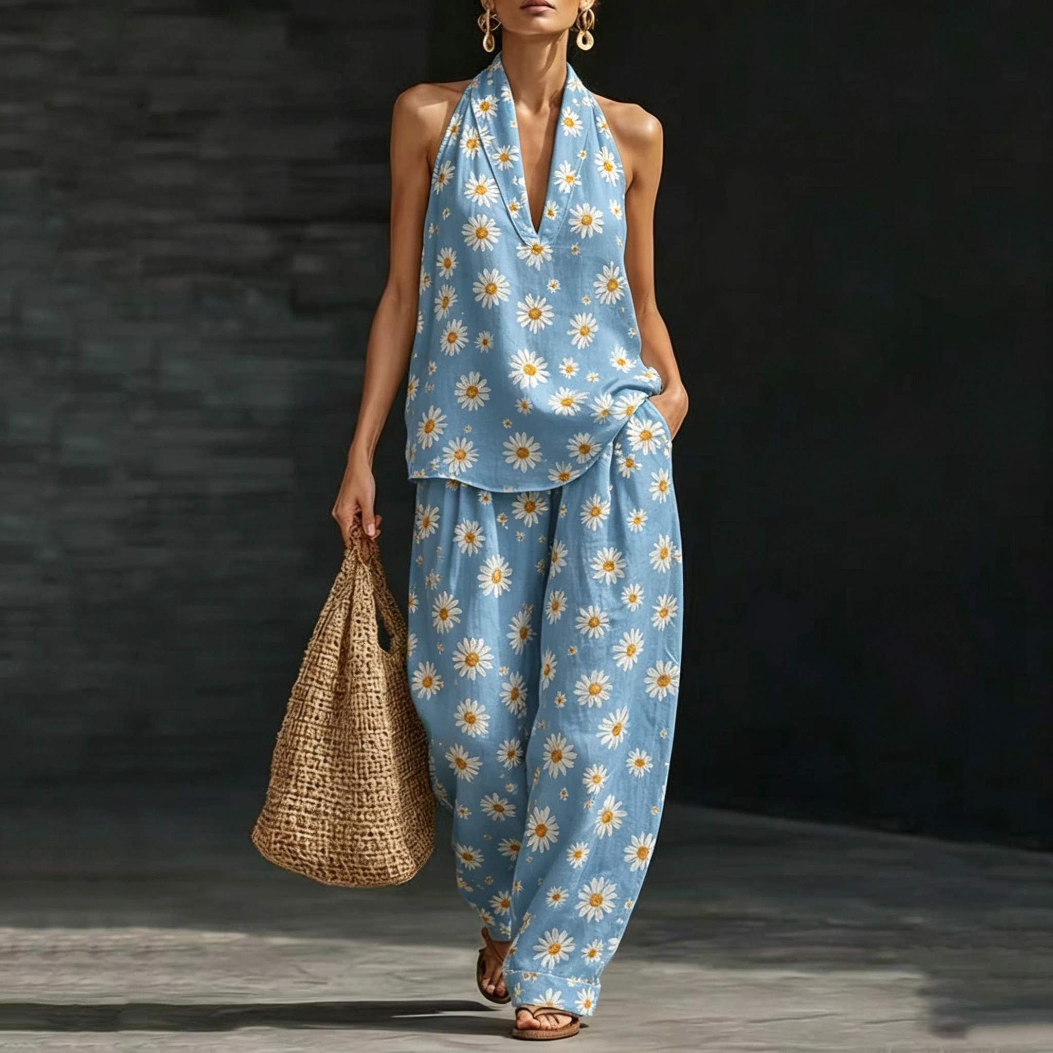 Daisy Print Women Two Piece Sets Outfits Summer Halter Neck Sleeveless V-Neck Top &  Wide Leg Pants Set Vacation Outfit