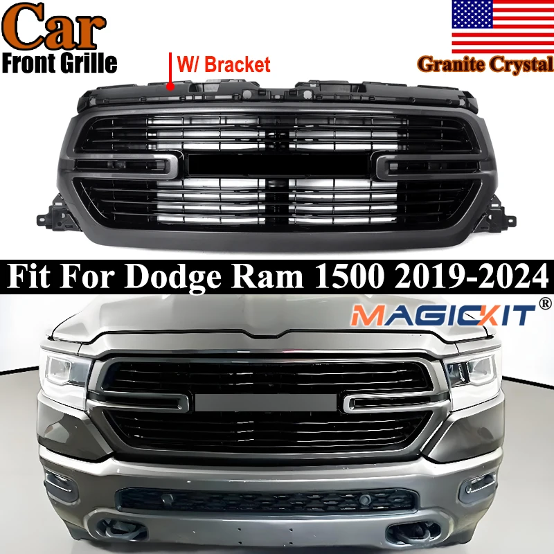 Rejilla superior del parachoques delantero estilo Laramie, cristal de granito, compatible con Dodge Ram 1500 2019-2024 # Rejilla delantera del radiador PAU con soporte