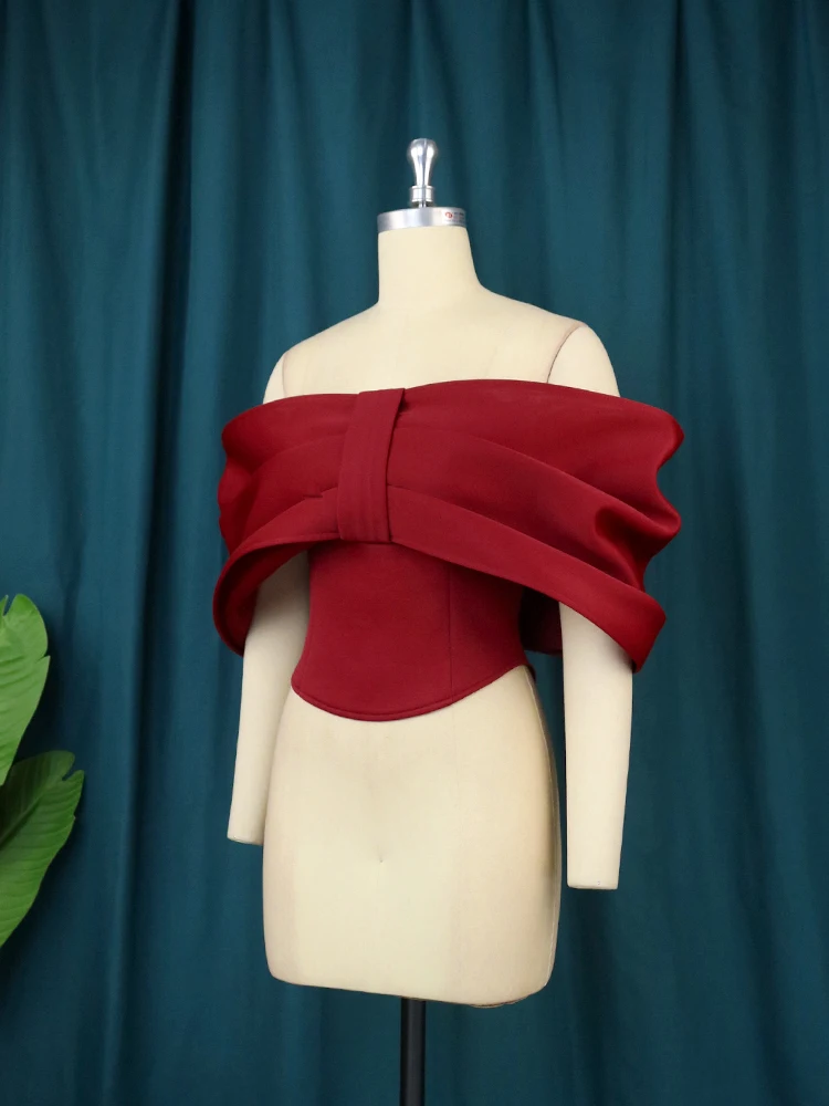 Strapless Tops Plus Size Red Off Shoulder Ruffles Bowtie Short Crop Top Slim Fit Evening Birthday Christmas Curvy Women Blouses