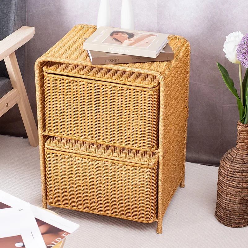 Rattan Woven Drawer Storage Living Room Side Table,Household Rattan Bedroom Storage Rack,Vintage Woven Chest of Drawers