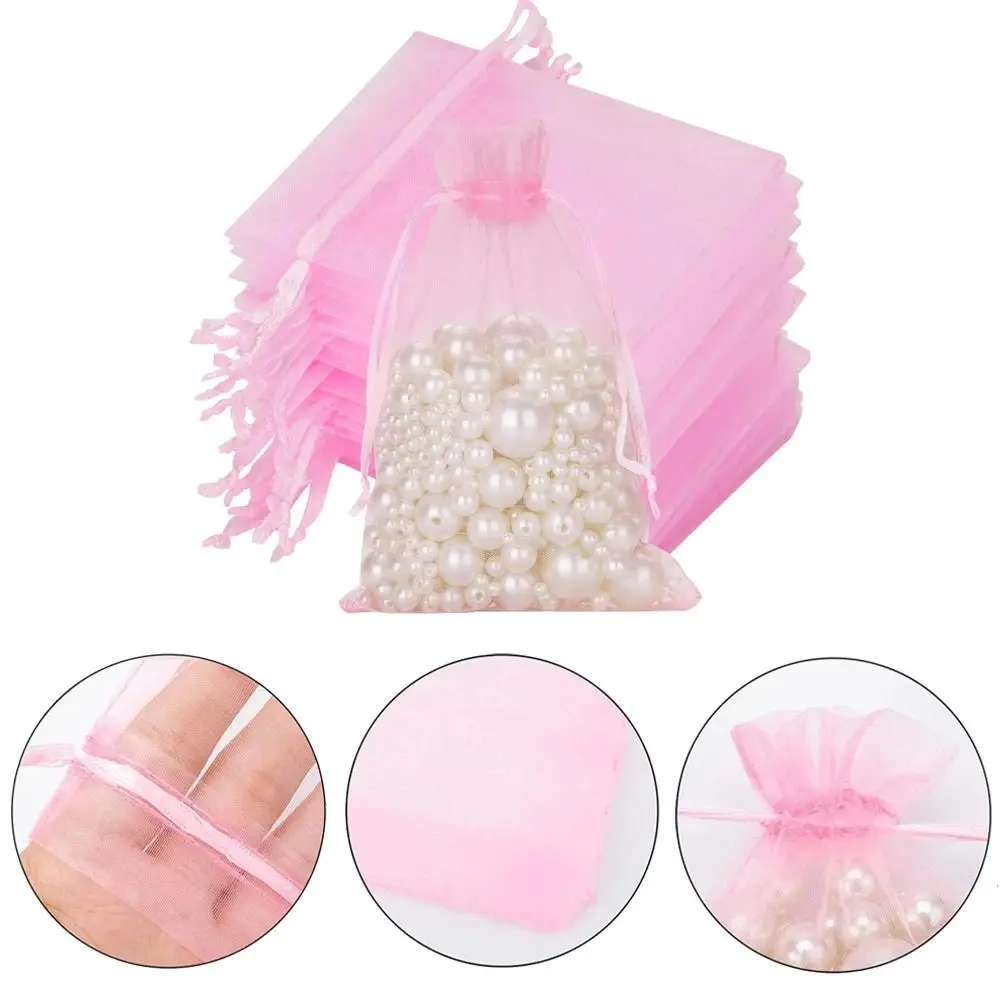 50pcs New 7x9/9x12/10x15cm Drawstring Pouches Pink Solid Color Gifts Bags Mesh Jewelry Packaging Wedding