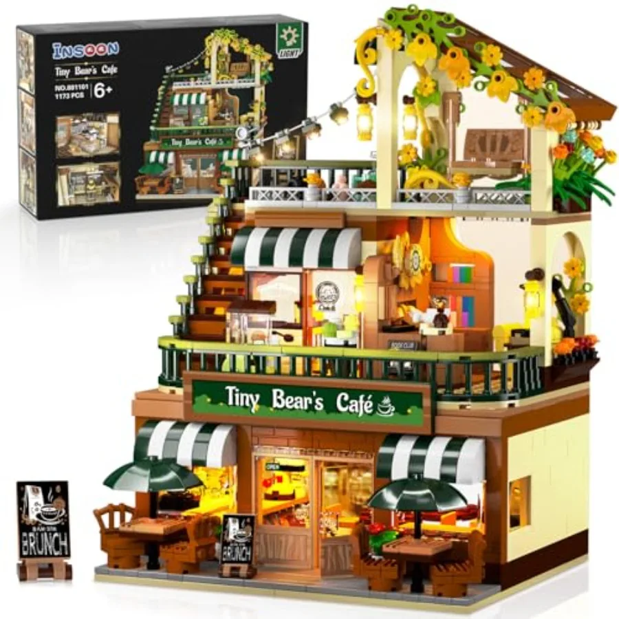 

City Coffee House Building Set with Light, 1173 PCS Cafe Shop Building Block Toy with Ordering Counter Baking Room, House Constr