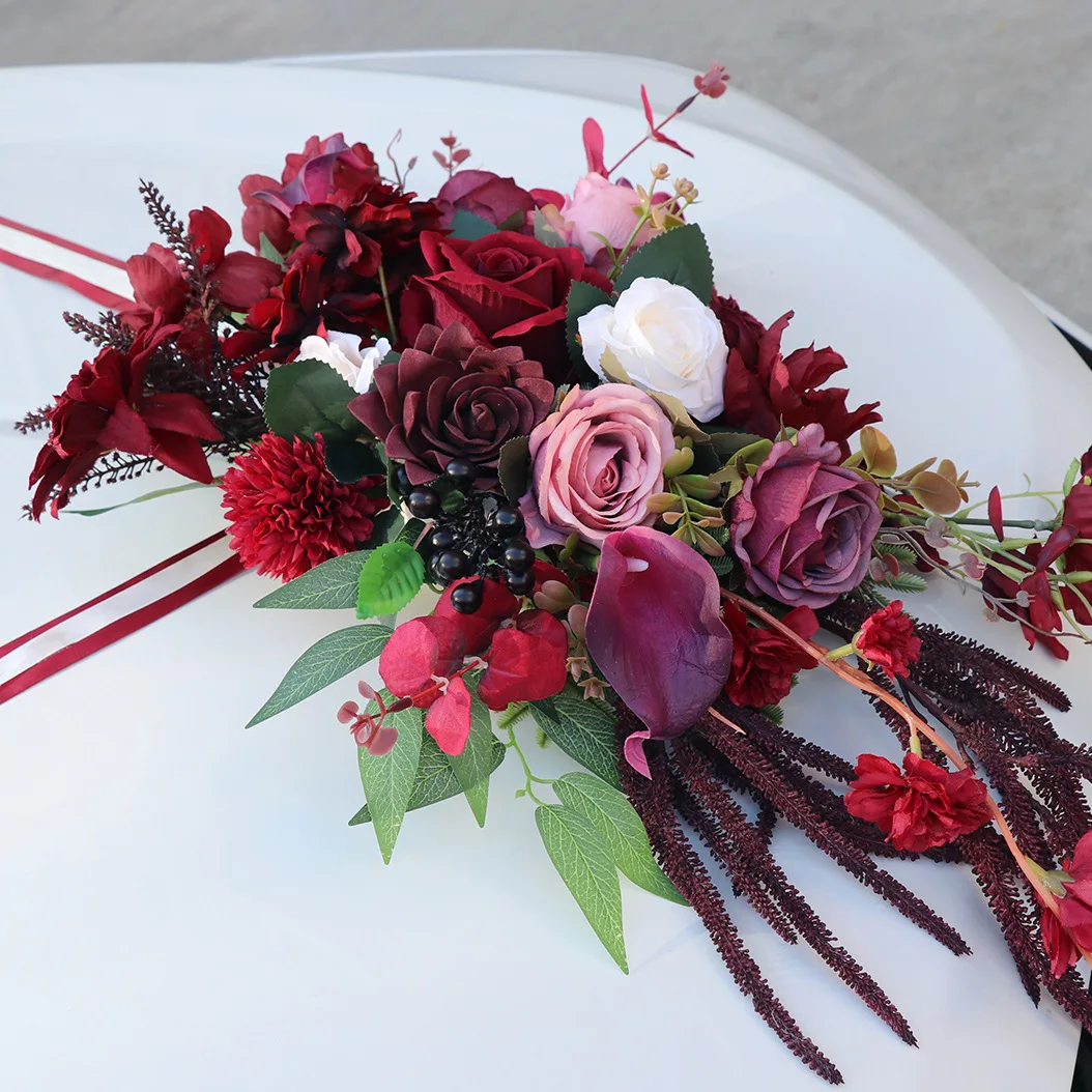 Yannew 8pcs/Set Wedding Car Decorations kit Flowers Champagne Aftificial Rose with Ribbon for Car Mirror Door Handle Decor Party