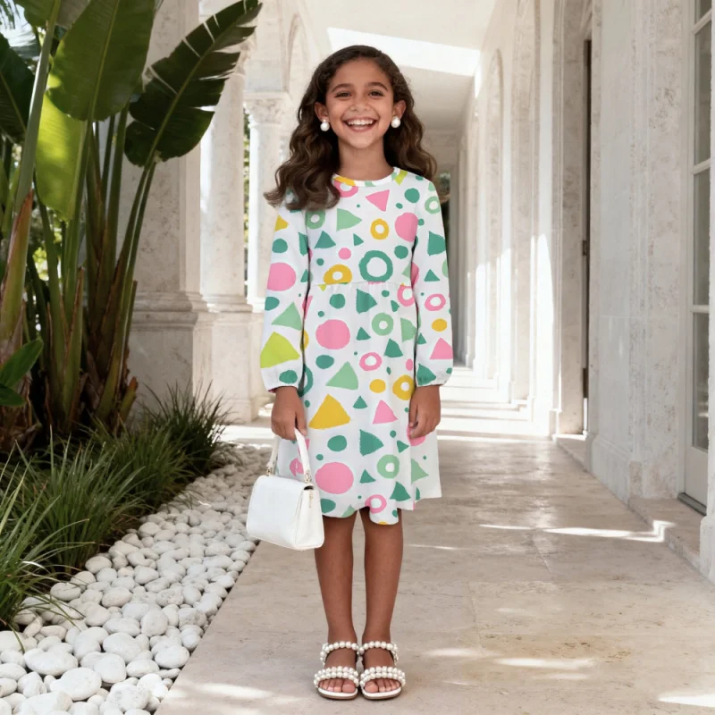 2025Girls Long Sleeve Dress - Colorful Geometric Print Flowy Sundress for Kids, Casual Boho Style Everyday & Party Dress