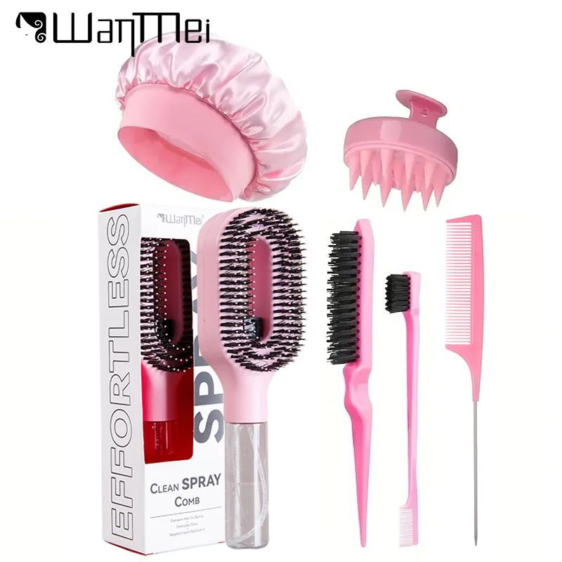 5/6-teiliges Haarpflege-Set: Entwirrungsspray, Kamm, Rattenschwanzbürste, Kantenkontrollbürste, Sprühflasche, weiche Satin-Schlafhaube, Haarstyling-Tools