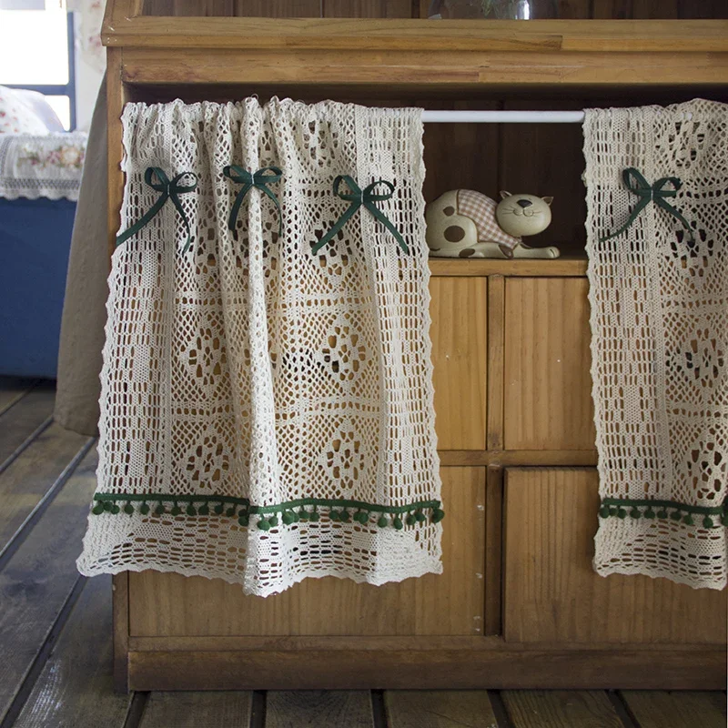 British Countryside Style Knitted Short Curtain Retro Green Pompon Sheer Thread Yarn Lace Window Valance for Living Room Kitchen