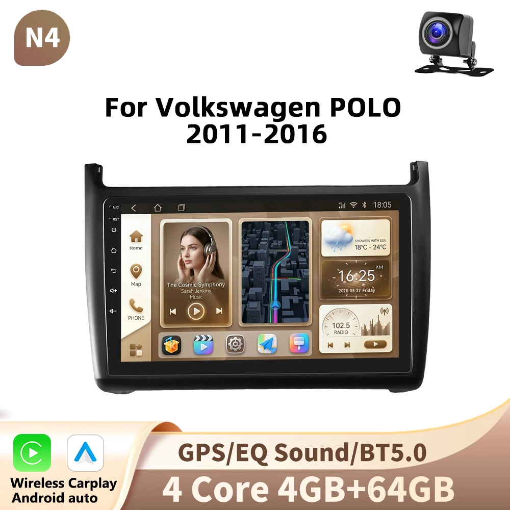 Podofo 9 inch autoradio voor Volkswagen Polo 2011-2016 met multimedia, videospeler, draadloze CarPlay, Android Auto, GPS-navigatie, 2DIN