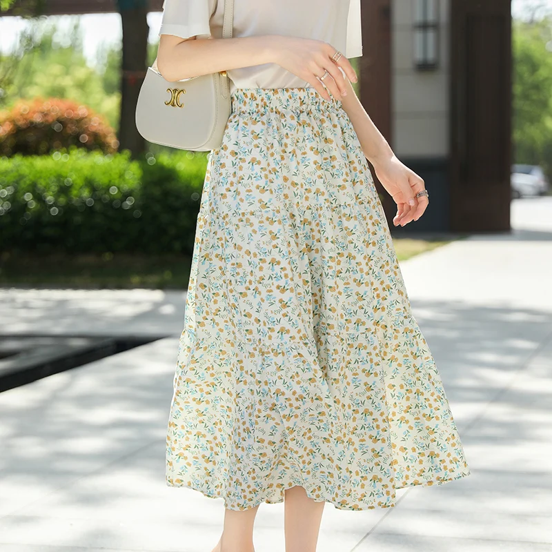 Französische Chiffon-Blumenröcke für Damen, Sommer, hohe Taille, drapiert, modischer Faltenrock in der langen A-förmigen großen Schaukel-Regenschirmrock