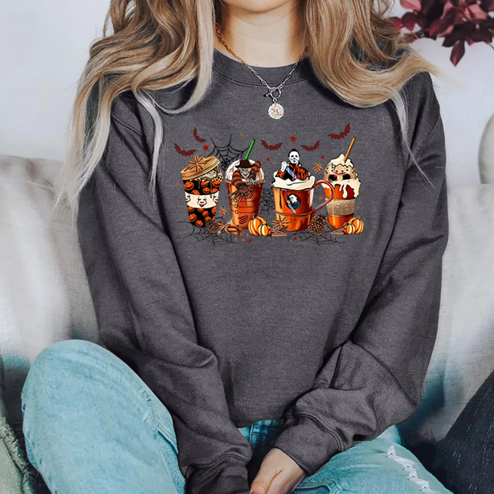 Skeleton Coffee Cups Sweatshirt Halloween Horror Coffee Hoodie Horror Movie Inspired Sweater Halloween Crewneck Sweatshirts