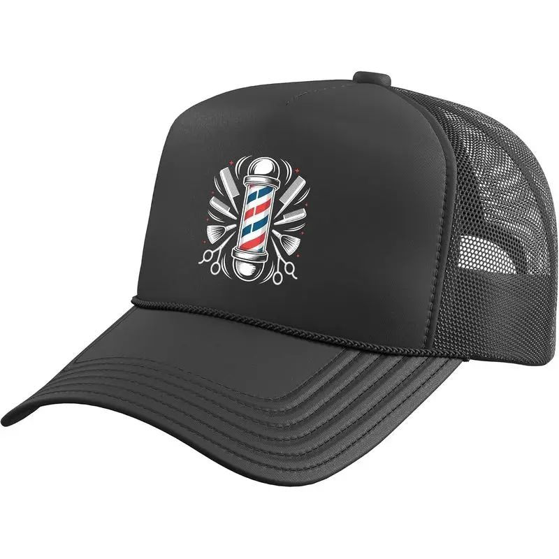 Classic Barber Pole Scissors Comb Design Trucker Hat with Adjustable Mesh Back