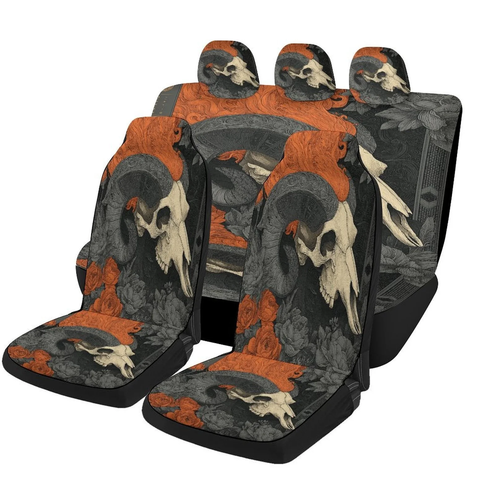 Set Of Car Seat Covers Featuring A Skull And Roses Fire Theme, Suitable For Various Vehicles. Stylish And Durable, This Complete