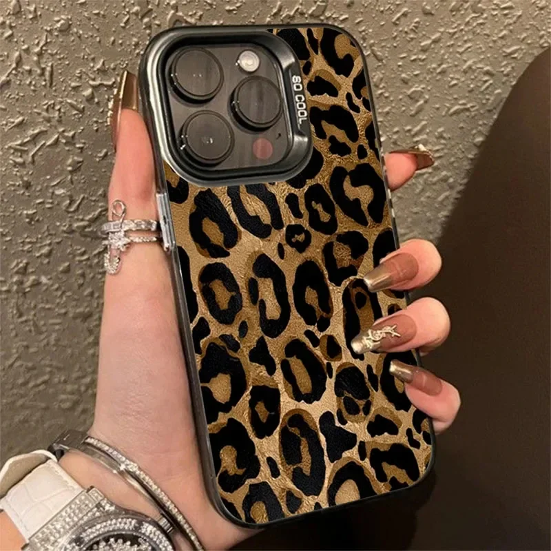 Brown Leopard Anti-drop Armour Phone Case For iPhone 15 Pro Max 14 13 12 11 Pro X XR XS 7 8 Plus SE Lens protect plating Cover