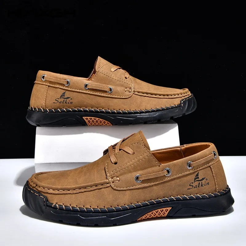 New Style Men's Casual Leather Shoes Handmade Stitching PU Leather Work Boots Anti-slip Wear Resistant Outdoor Male Footwear