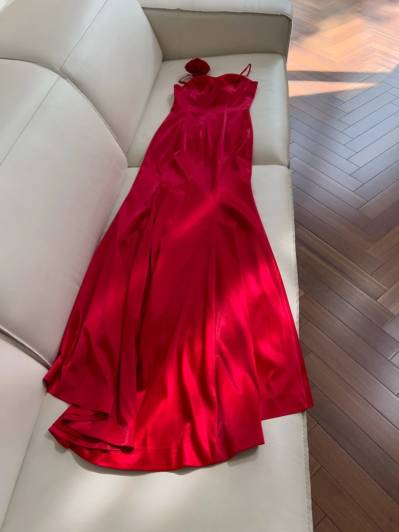 

Ele Red Fi Tail Engagement Dinner Dr Sexy Strap Holiday Dr High Waist A-Line Skirt Long Dr for Wedding Par