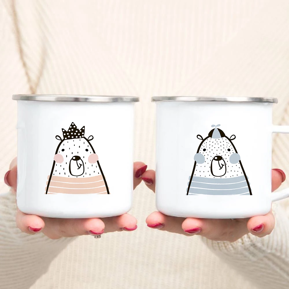 

Cute Bear Heatable Enamel Coffee Mugs Valentine Gifts Cartoon Print Tea Water Milk Cups Handle Drinkware Gifts for Boy Friends