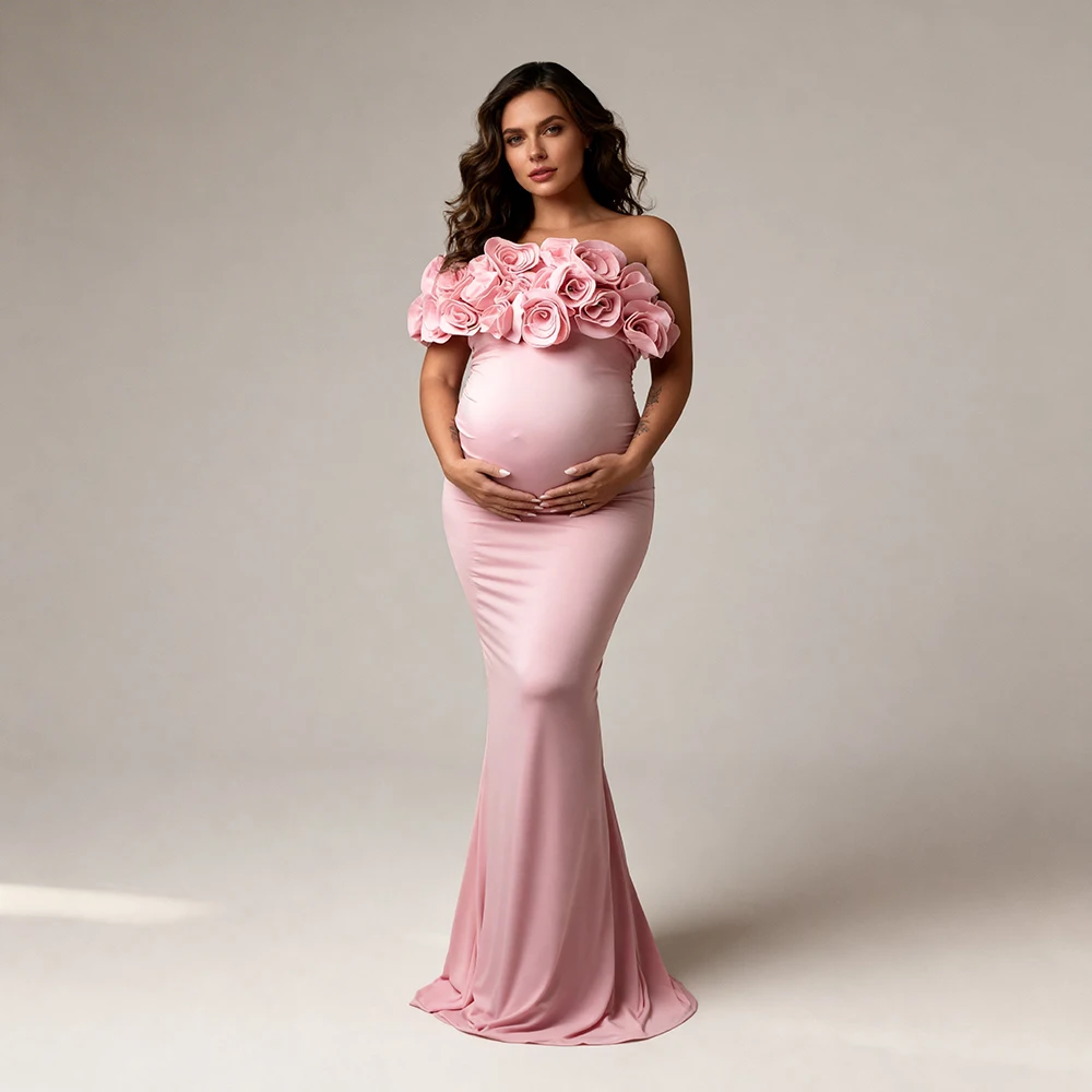 Elegant Pregnant Dress Pink 3D Floral Applique Strapless Maternity Mermaid Dress for Pregnancy Photography Clothes YW2603063D