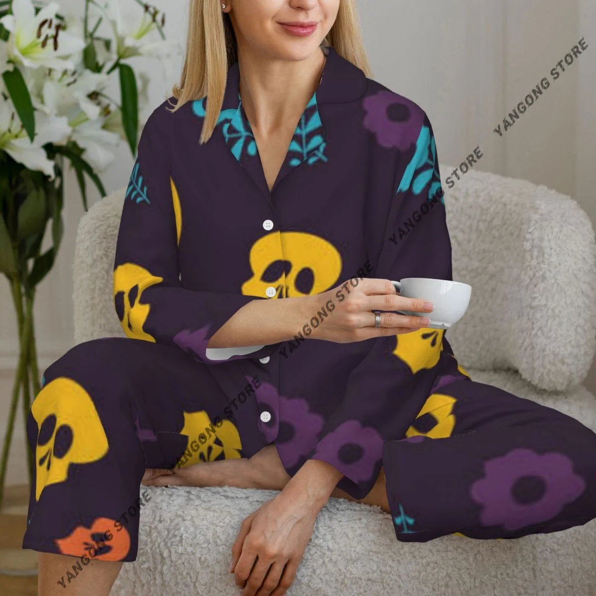 

Весенне-осенний пижамный комплект, женские брюки с длинными рукавами, комплект из двух предметов «День мертвых», черепа, цветы, фон, комплект для домашнего интерьера