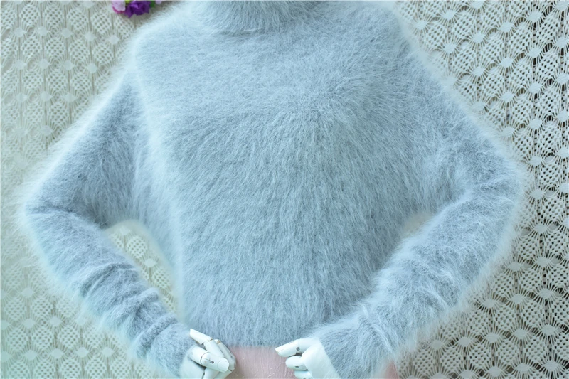 Women Mujer Autumn Winter Clothing Hairy Angora Rabbit Hair Knitted Turtleneck Crop Top Slim Mink Fur Sweater Jumper Pull Tops view 4