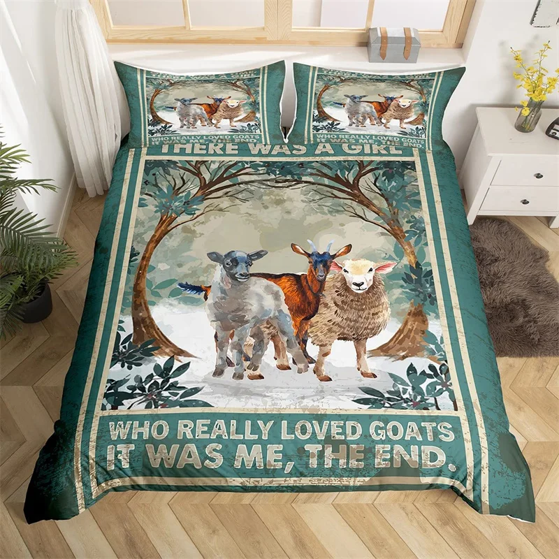 Funny Farm Animal Duvet Cover Microfiber Farmhouse Rooster Pig Goat Cow Comforter Cover Blue Green Diamond Geometric Bedding Set