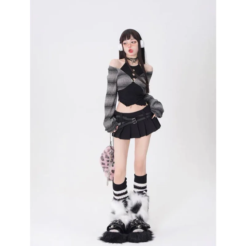 2025 New Subculture Y2k Millennial Babes Off-the-shoulder Striped Top High Waist Design Niche Skirt Two-piece Suit For Women
