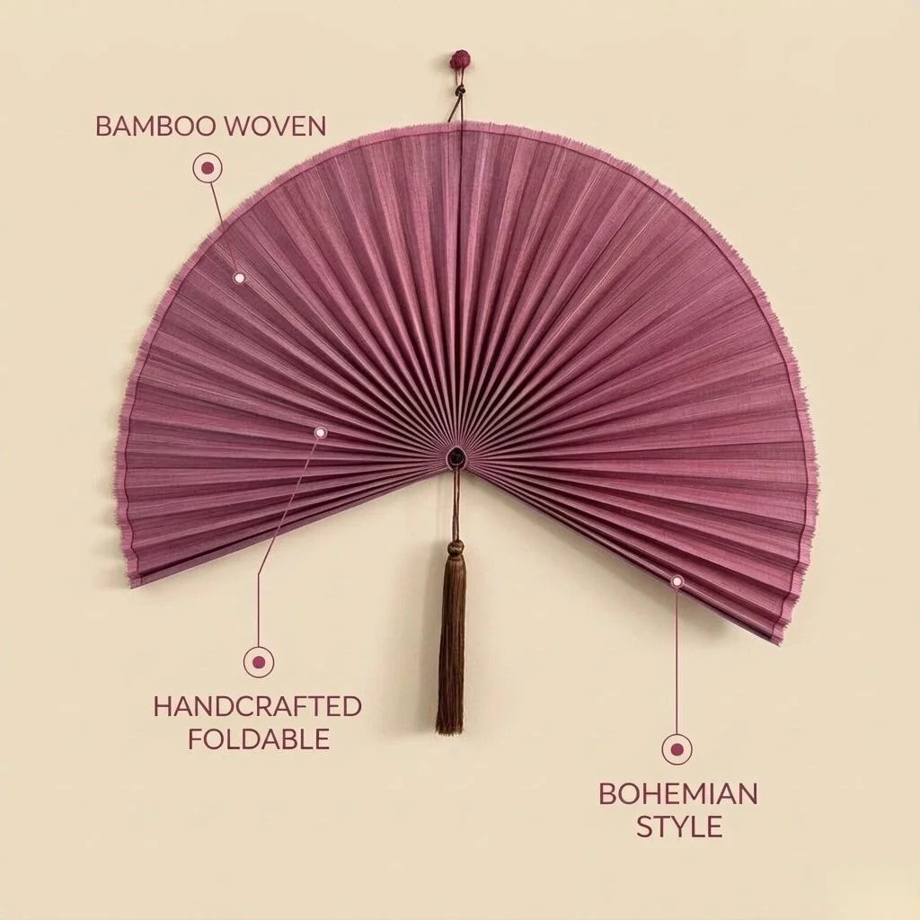 Hand woven bamboo wall mounted fan, large foldable Bohemian style, living room, bedroom, home decoration, bamboo weaving art