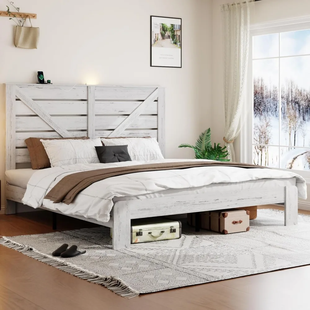 إطار سرير بحجم كينج مع لوح رأسي - منصة على طراز المزرعة مع أضواء LED وشحن USB بدون صندوق زنبركي سهل التجميع WhiteFram #6