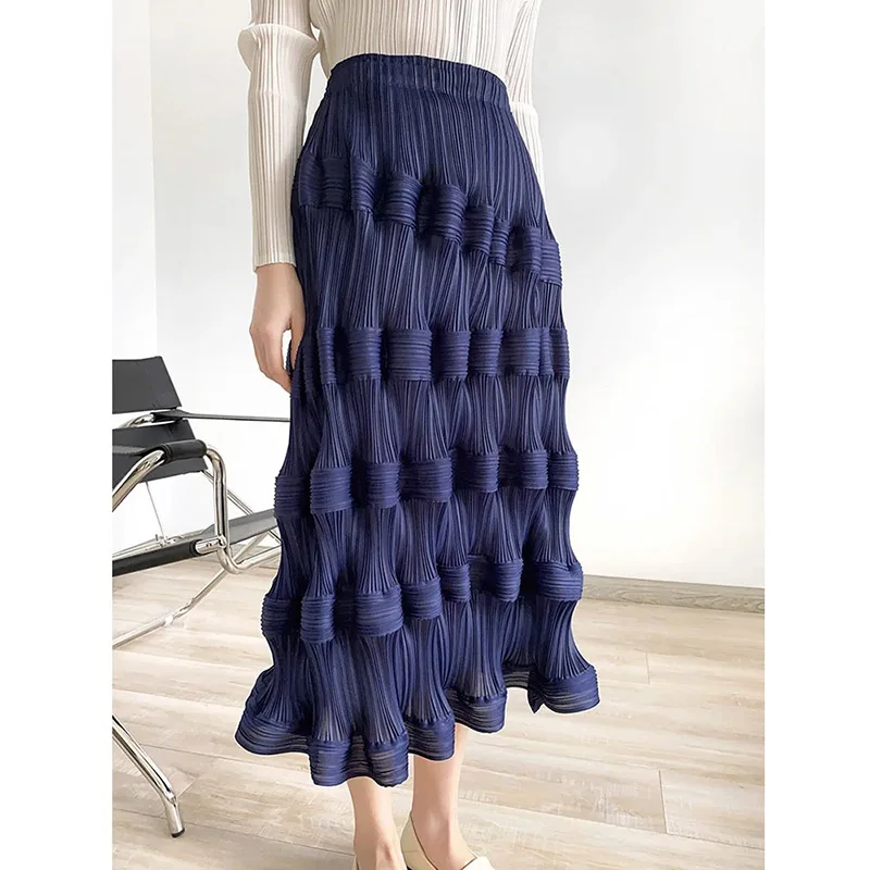 

Miyake Pleated A-line Mid-calf Cake Skirt Solid Color Loose Waist For Women Summer Female Fashion High end pleated Skirt