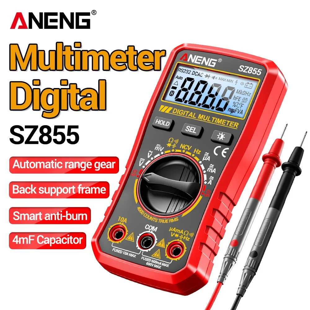 

ANENG SZ855 Digital Multimeter 4000 Counts Frequency Capacitance Tester NCV Voltage Detection CE Certified for Electrician Tools