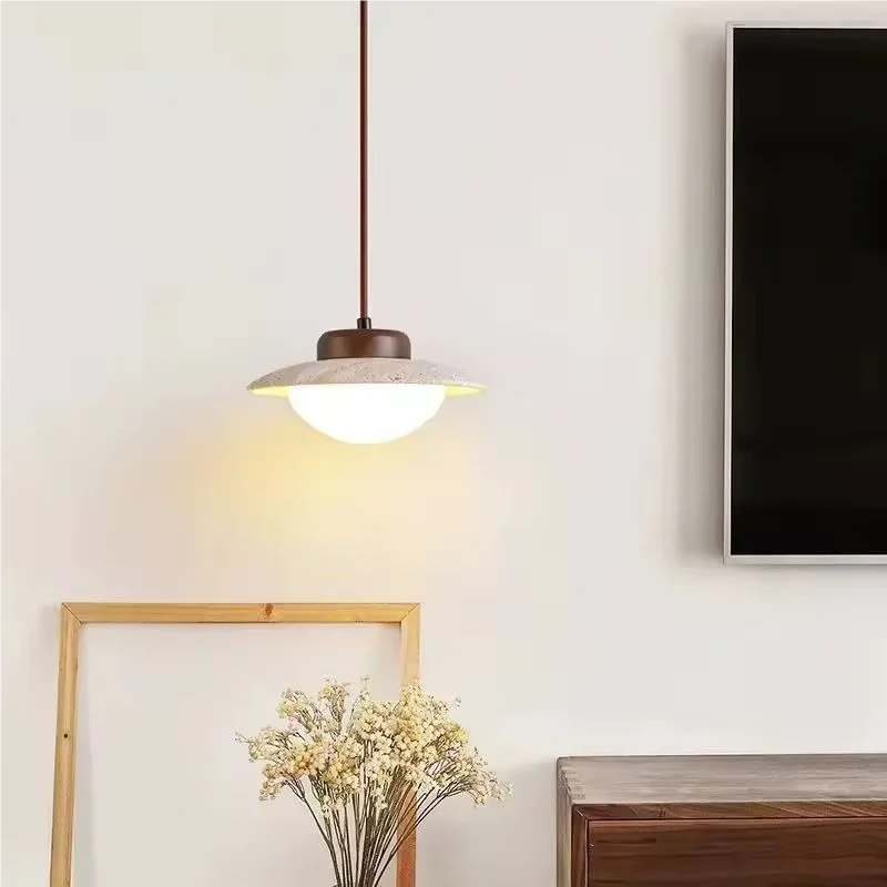 

Led Chandelier Bedroom Beside Pendant Lamp Cream Style Stone Retro Solid Wood Walnut Color Home Room Atmosphere Lighting Fixture