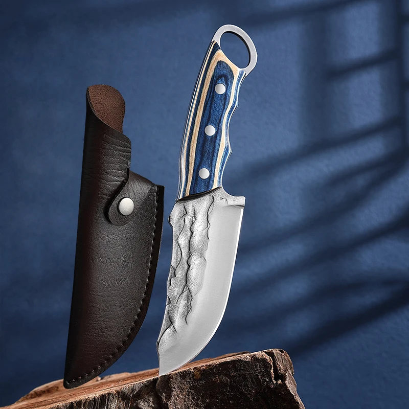 1PC 9.3 inch, kitchen multi-purpose knife, 4mm blue wood handle, for outdoor kitchen, camping camping barbecue straight knife