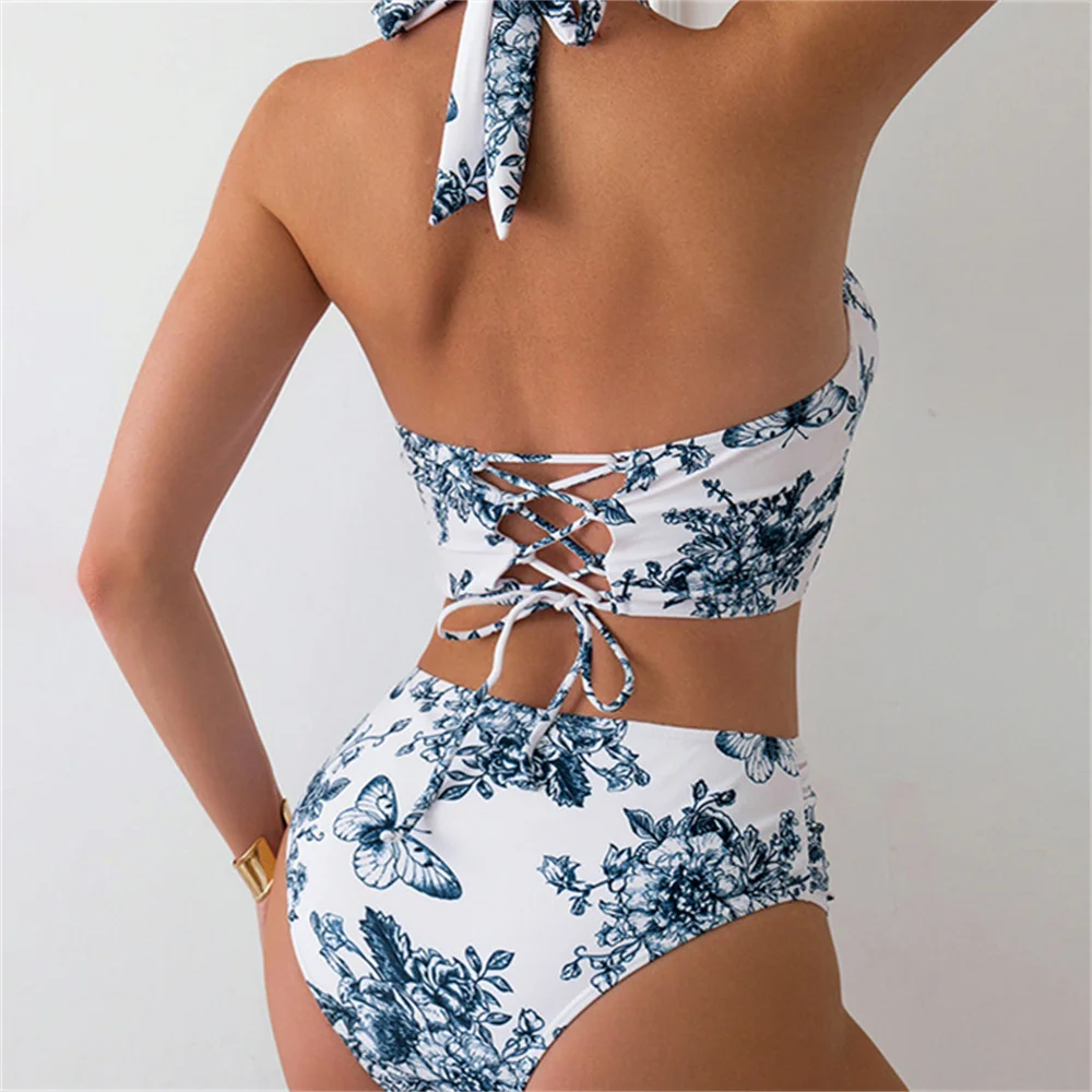 

Butterfly Floral Bikini Drawstring Backless Hollow Swimsuit Push Up Biquini Halter Knotted Swimwear Women Beach Set Bathing Suit