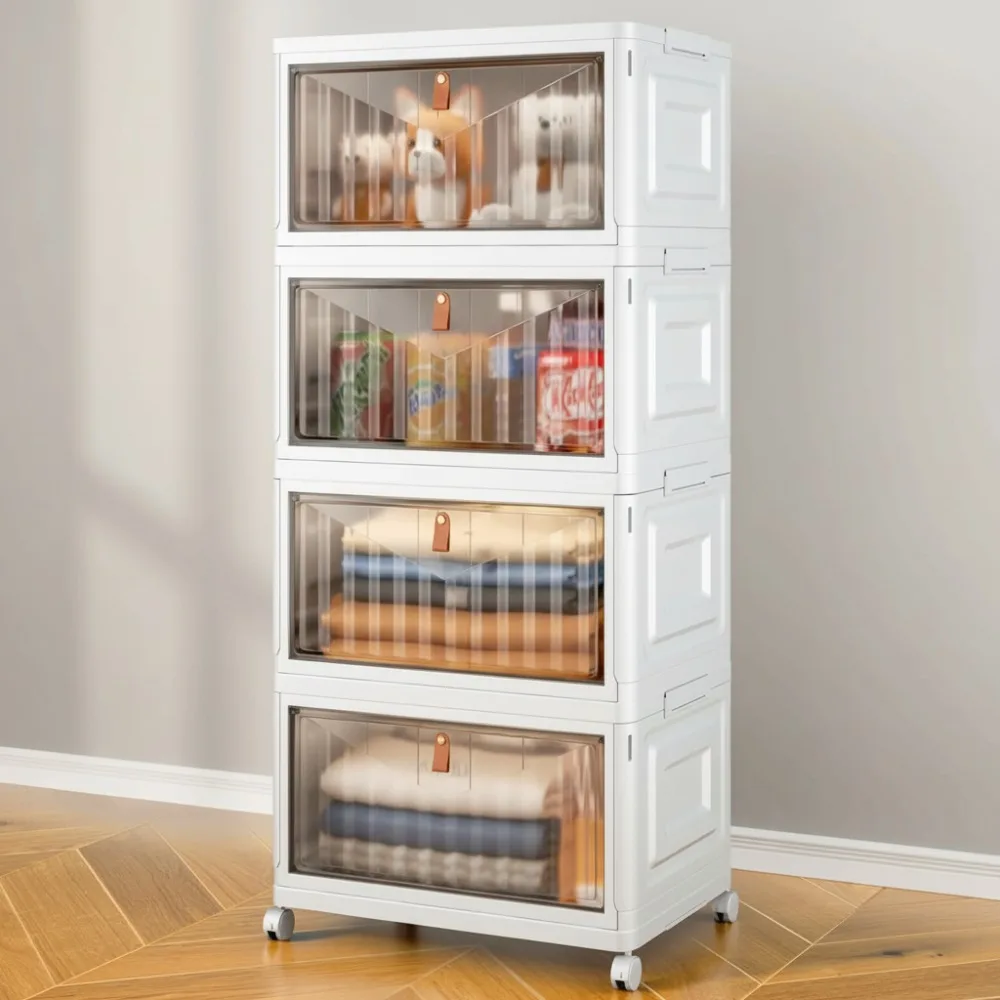 

4-Tier Stackable Storage Bins with Wheels, 23QT Foldable Plastic Organizers for Home Office Dorm